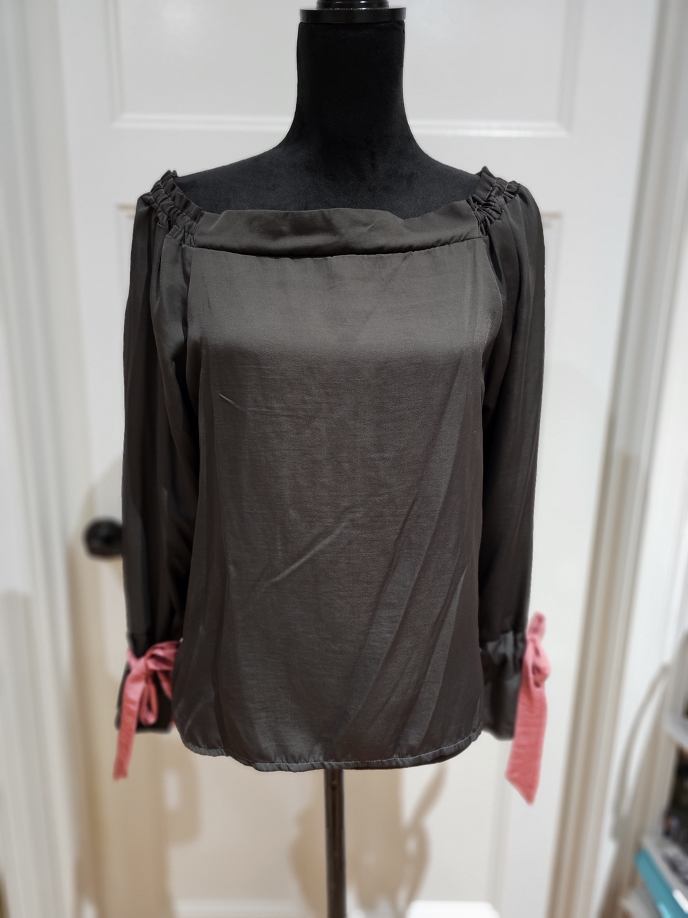 Gray Off-Shoulder Blouse with Pink Tie Cuffs, NWT